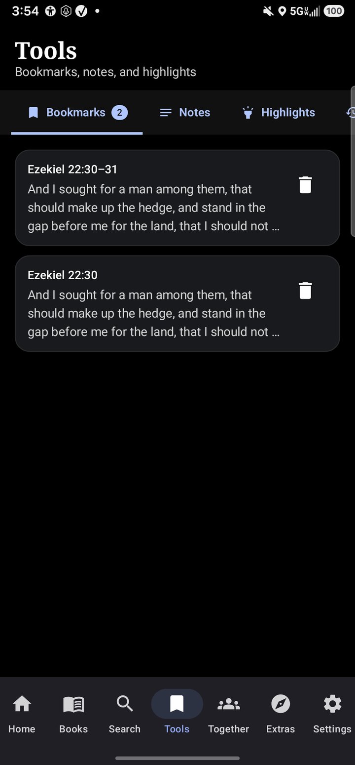 Bookmarks, notes, and highlights screen