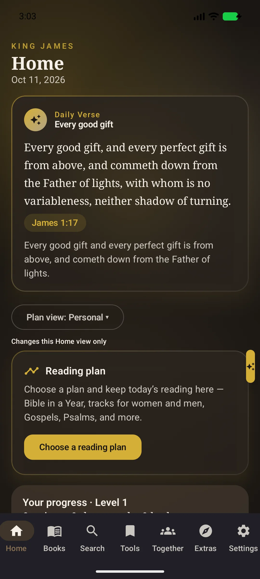 Current Bible Together home screen with daily verse and reading plan