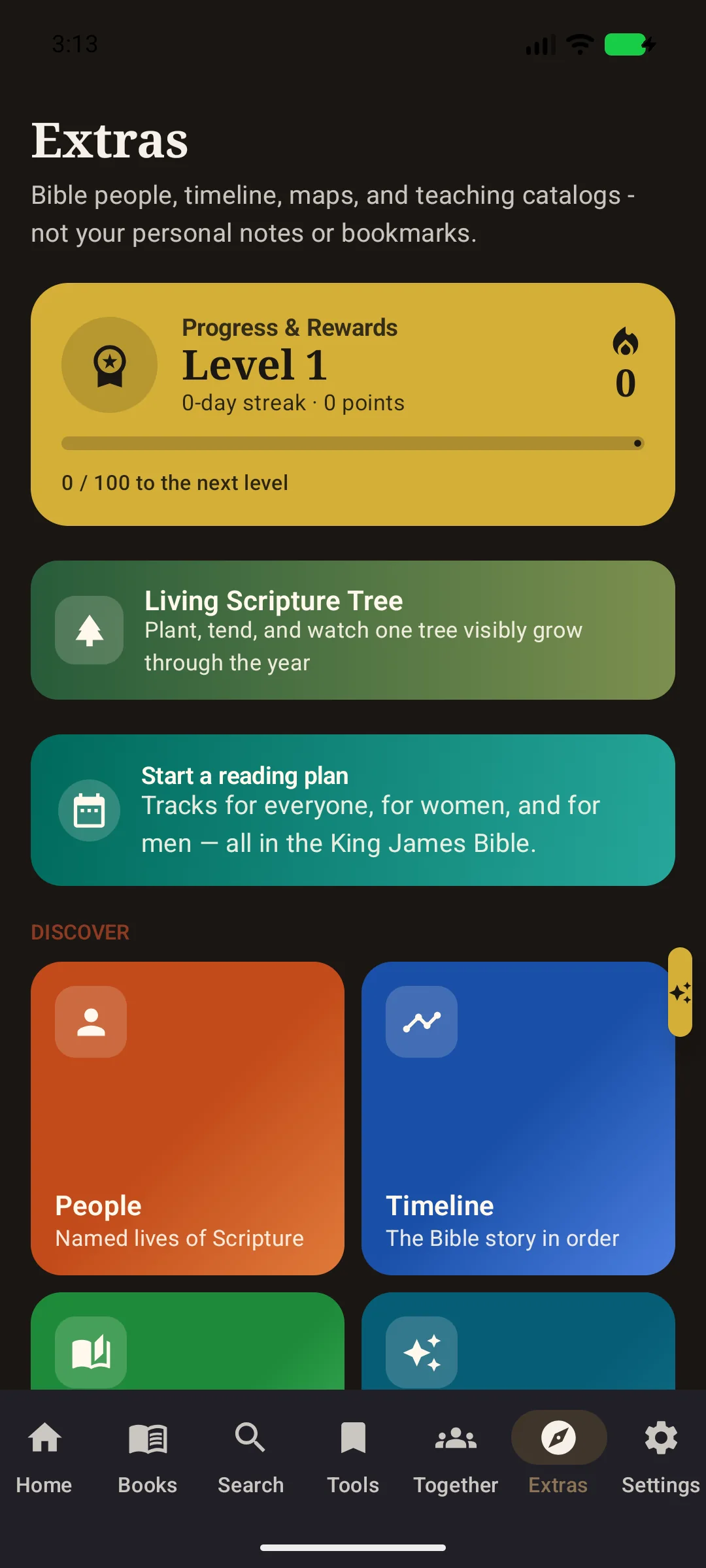 Current Extras screen with study tools